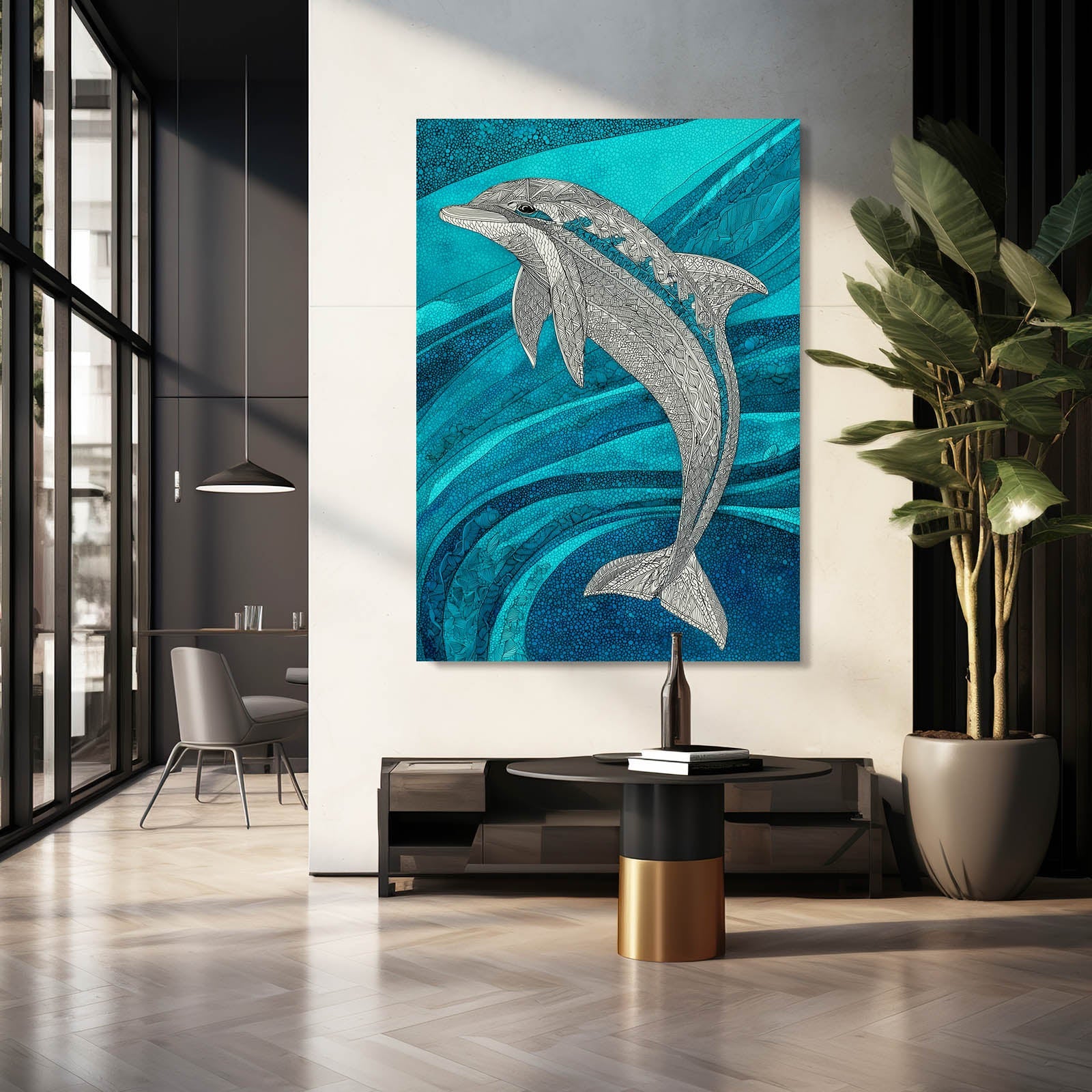 Silver Glitter Dolphin Art – styled in a furnished interior