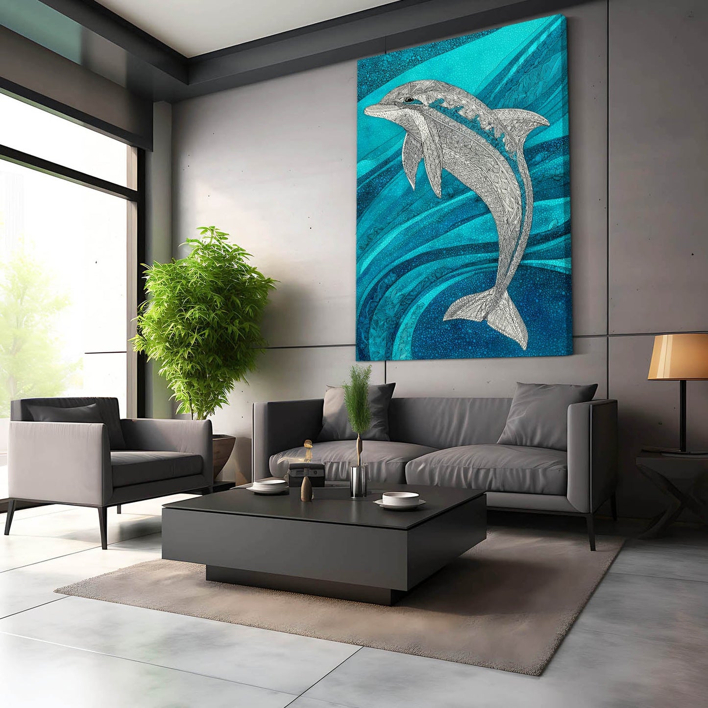 Silver Glitter Dolphin Art – styled in a furnished interior