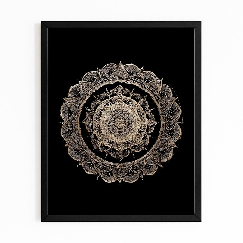 Silver Mandala Bloom Gold Wall Decor – with Premium Black frame on white background