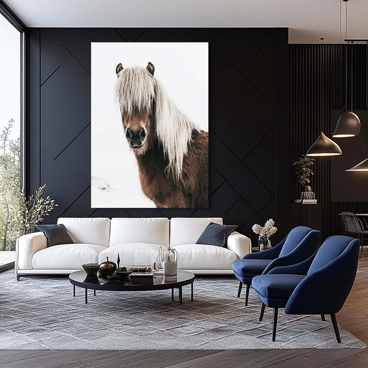Silver Mane Pony Horse Wall Art — photography canvas print, styled in a furnished interior