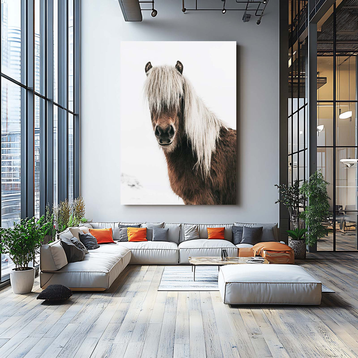 Silver Mane Pony Horse Wall Art — photography canvas print, styled in a furnished interior