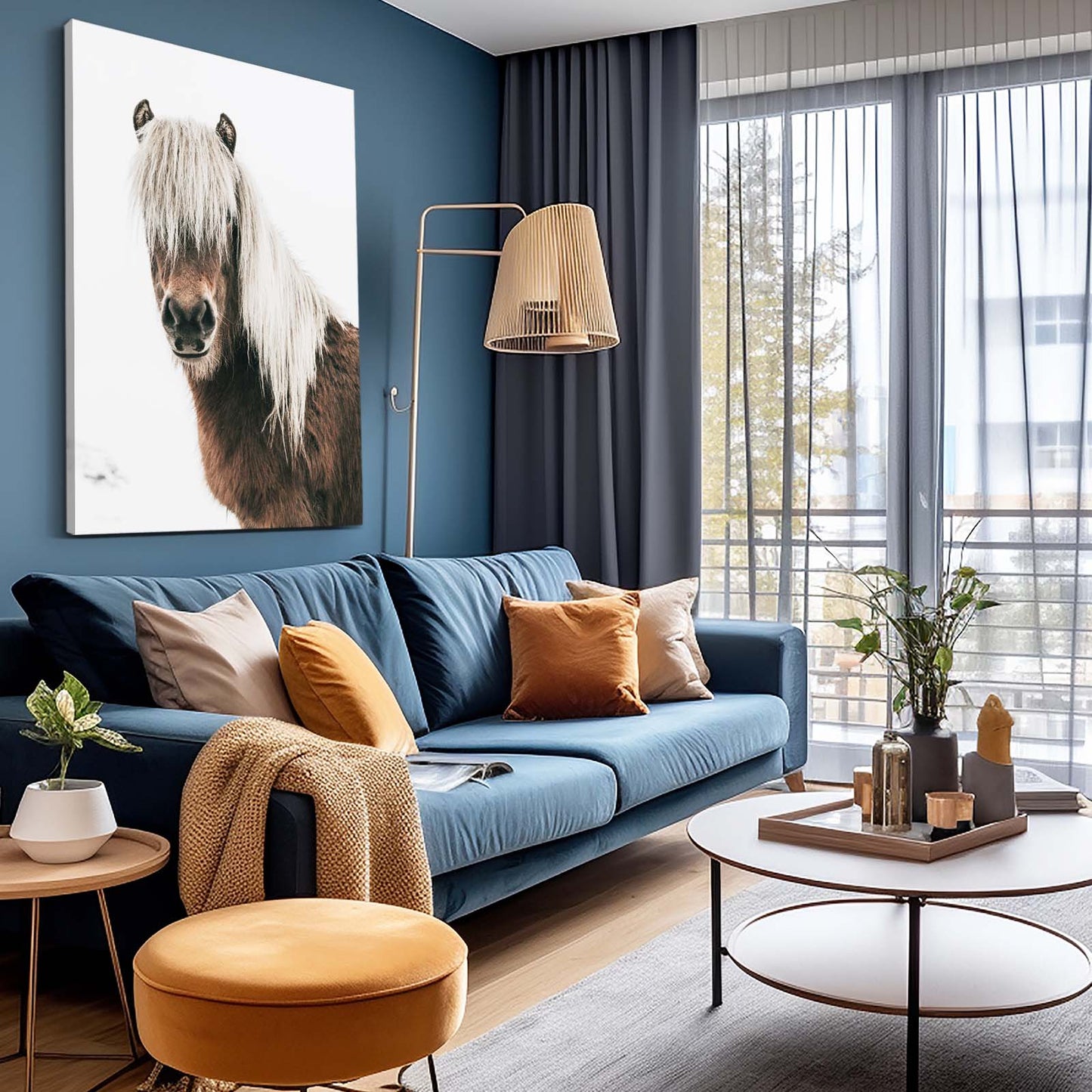 Silver Mane Pony Horse Wall Art — photography canvas print, styled in a furnished interior