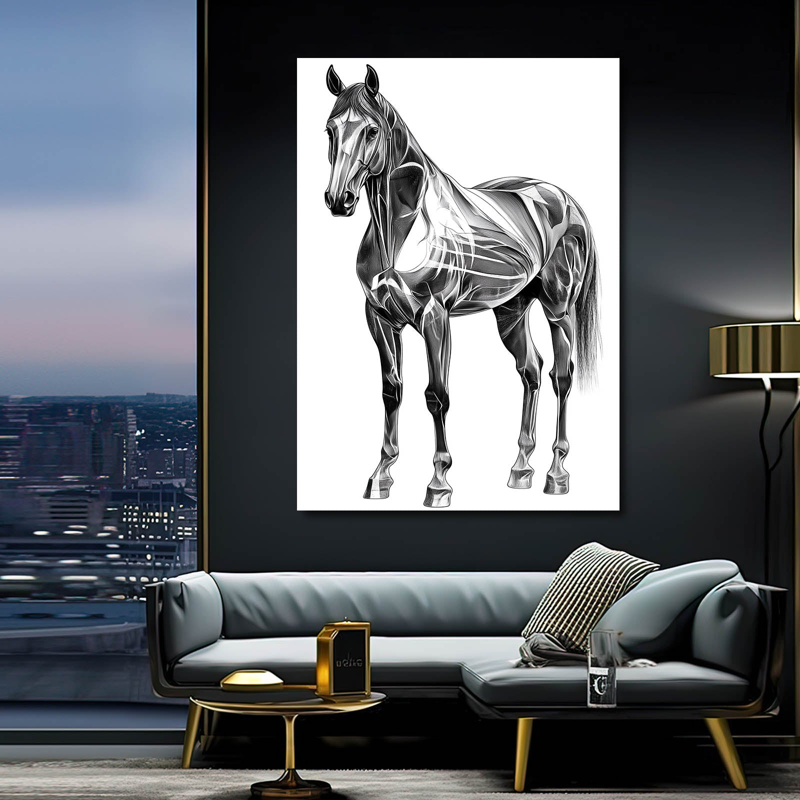 Silver Stance Study Horse Canvas Art — minimalist canvas print, styled in a furnished interior