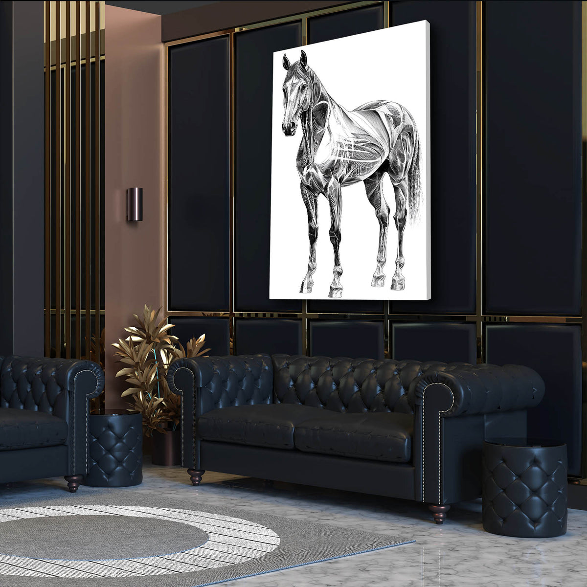 Silver Stance Study Horse Canvas Art — minimalist canvas print, styled in a furnished interior