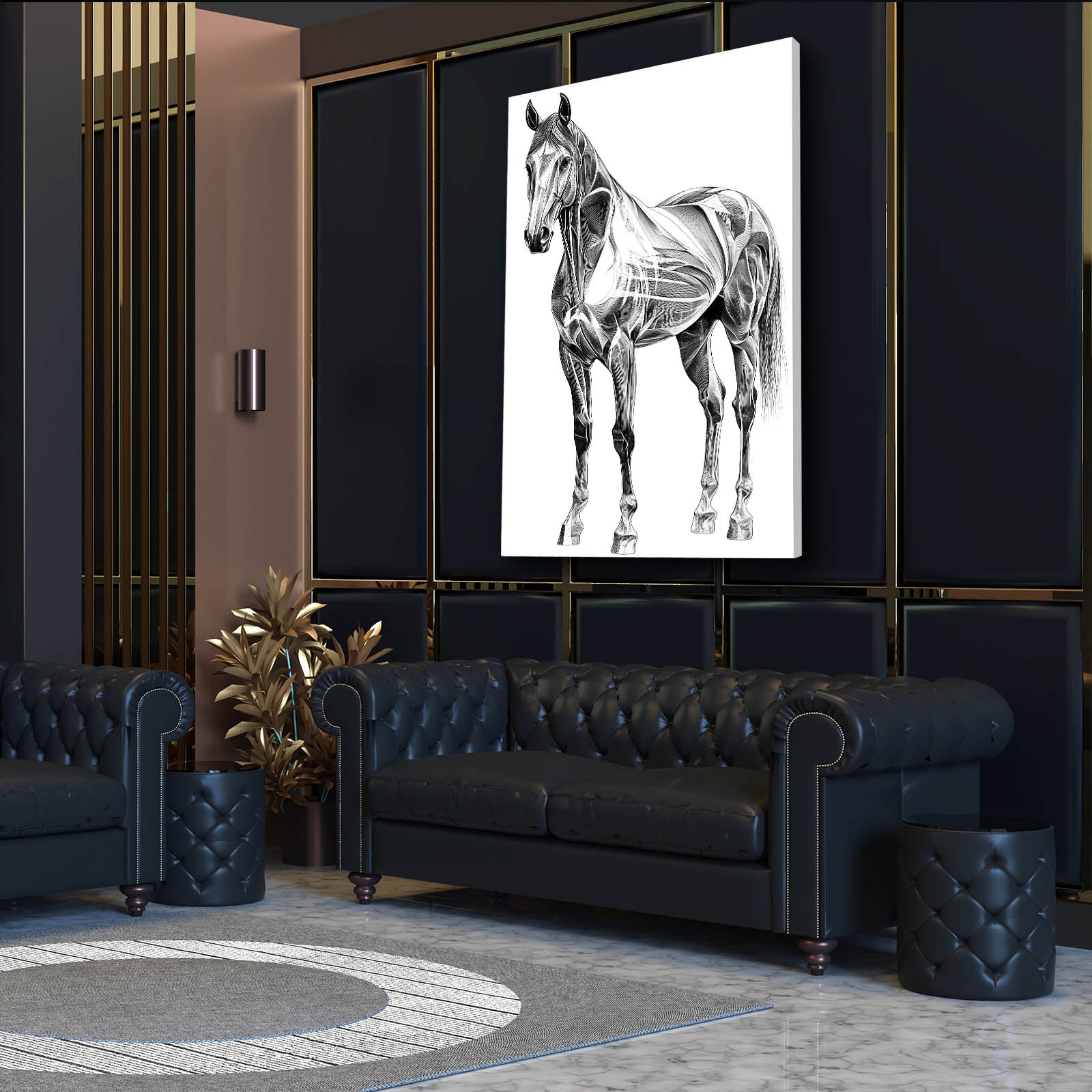 Silver Stance Study Horse Canvas Art — minimalist canvas print, styled in a furnished interior