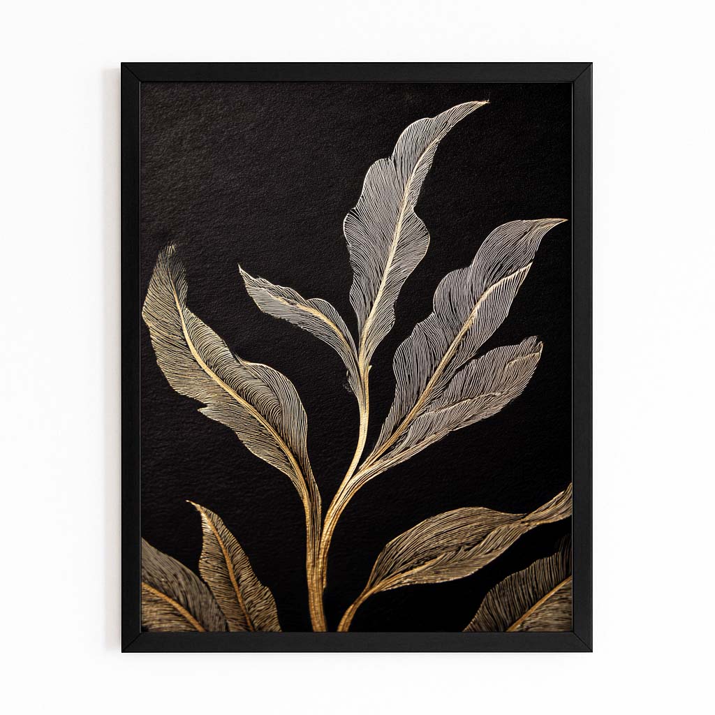 Silvered Leaf Branch Gold Canvas Art – with Premium Black frame on white background