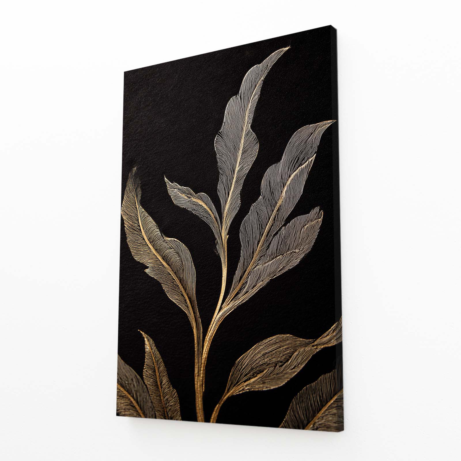 Silvered Leaf Branch Gold Canvas Art – angled canvas view on white background