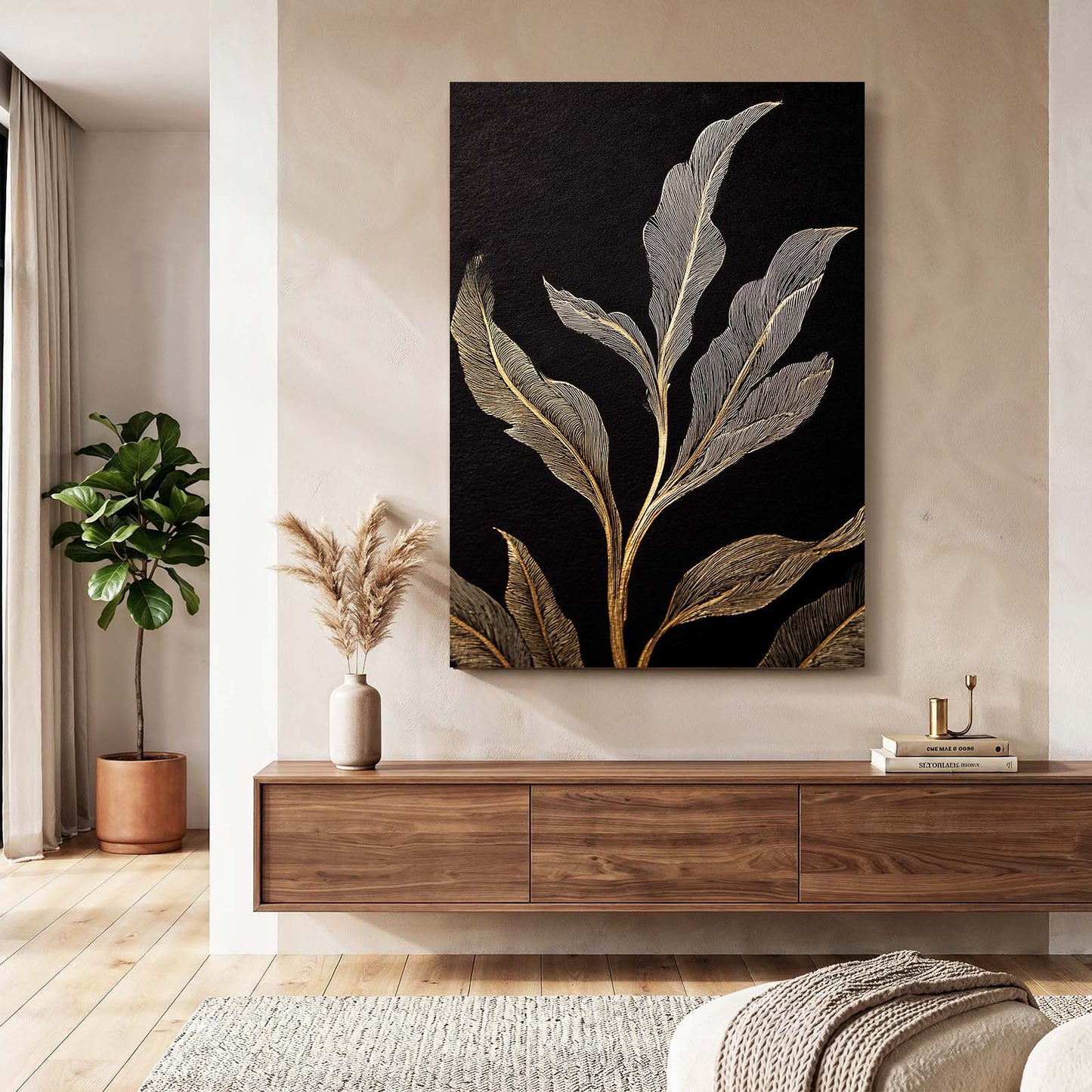 Silvered Leaf Branch Gold Canvas Art – styled in a furnished interior