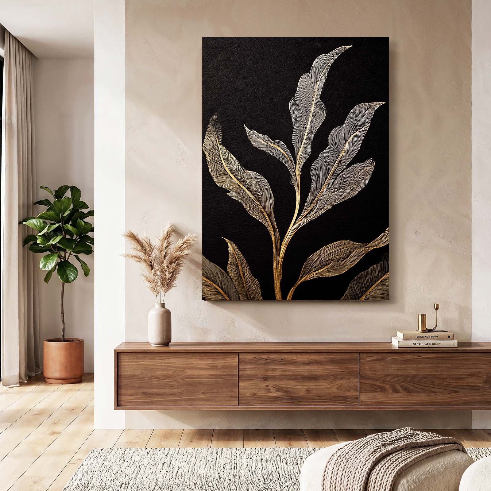 Silvered Leaf Branch Gold Canvas Art – styled in a furnished interior