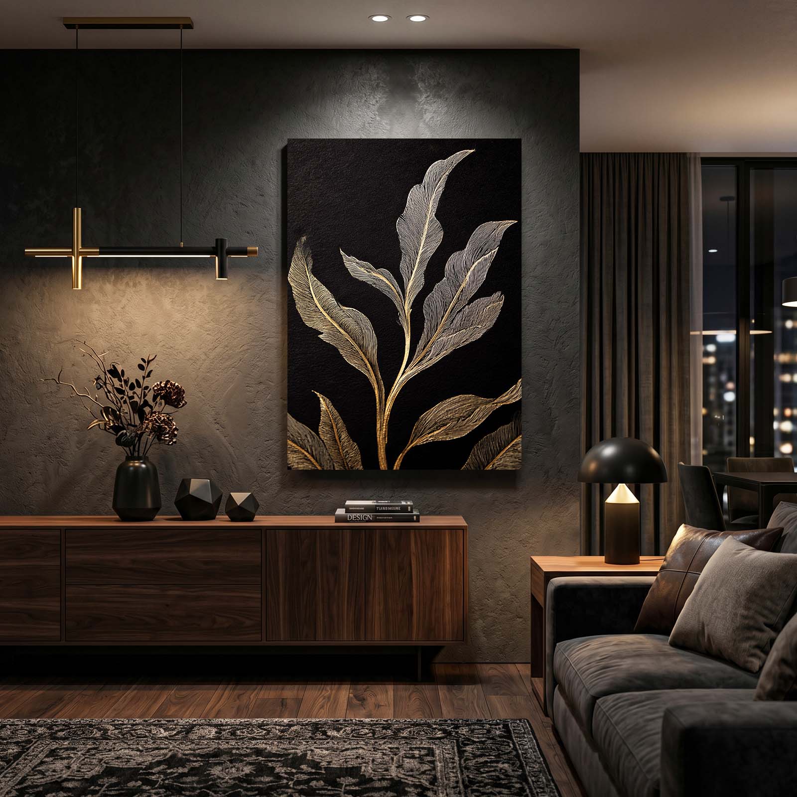 Silvered Leaf Branch Gold Canvas Art – styled in a furnished interior