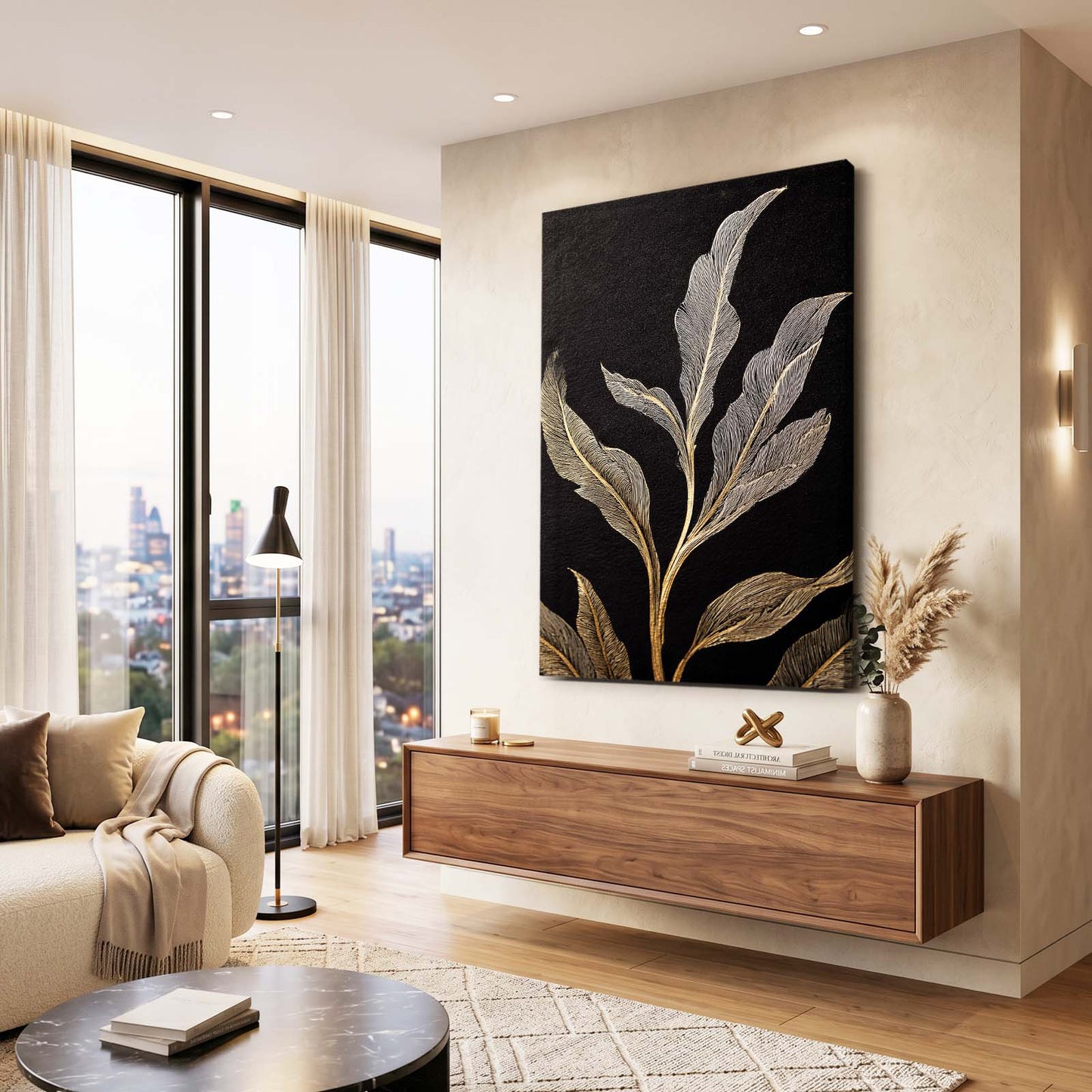 Silvered Leaf Branch Gold Canvas Art – styled in a furnished interior