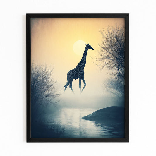 Framed artwork of a giraffe silhouette against a sunset sky with water and trees.