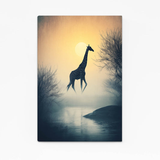 Giraffe silhouette against a sunset sky with trees and water reflection
