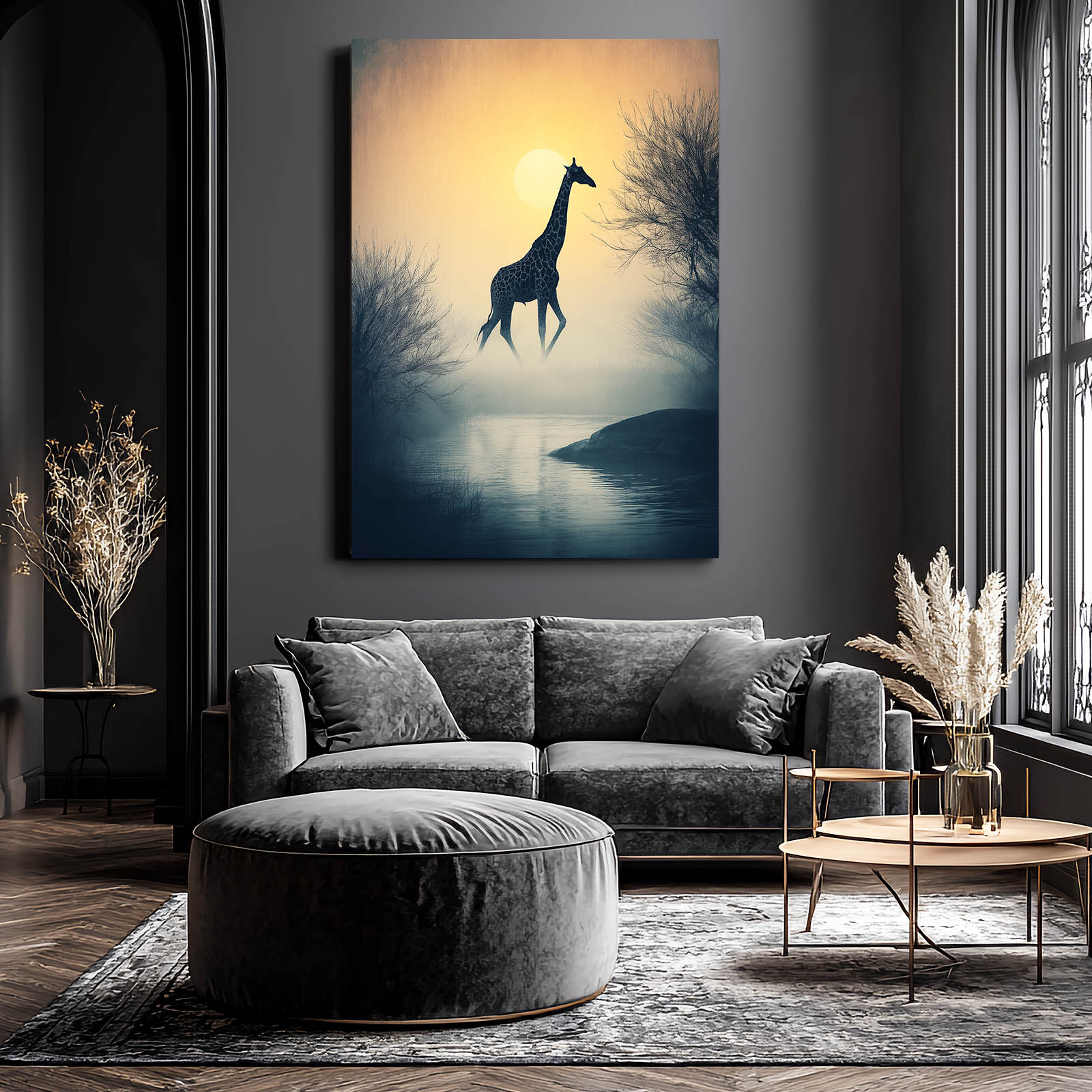 Living room with a gray sofa, ottoman, and coffee table, featuring a large wall art of a giraffe.