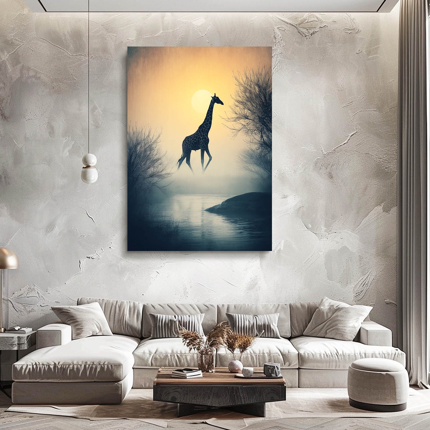Modern living room with a giraffe painting on the wall
