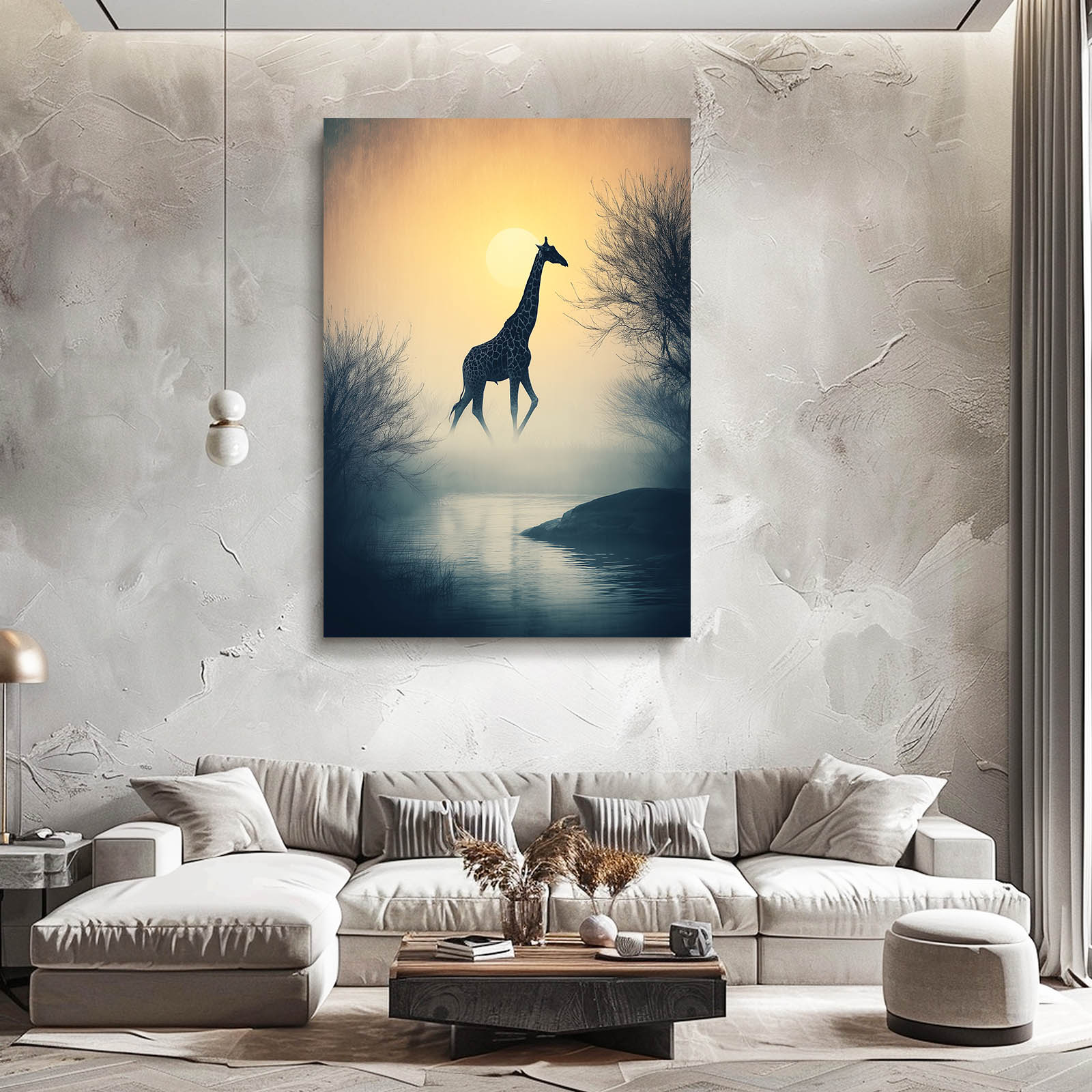 Modern living room with a giraffe painting on the wall