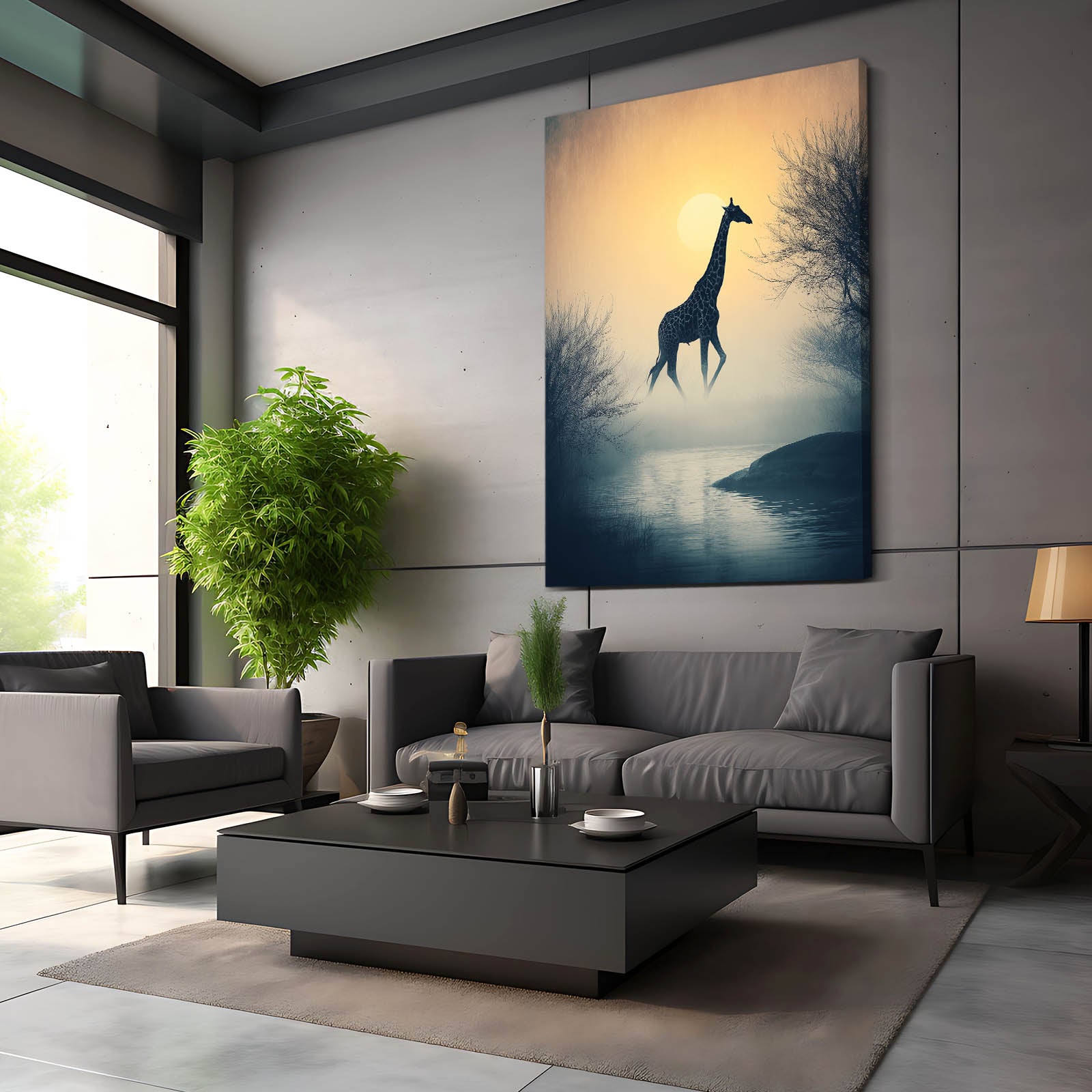 Modern living room with a large painting of a giraffe on the wall.