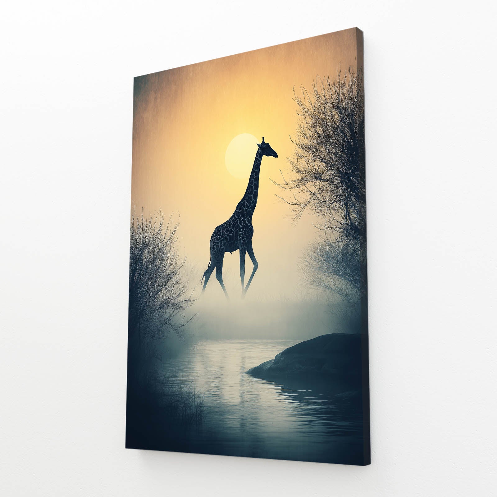 Giraffe silhouette against a sunset sky with trees and water below