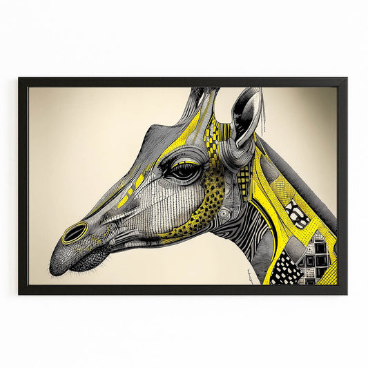 Framed artwork of a stylized giraffe head with geometric patterns on a beige background