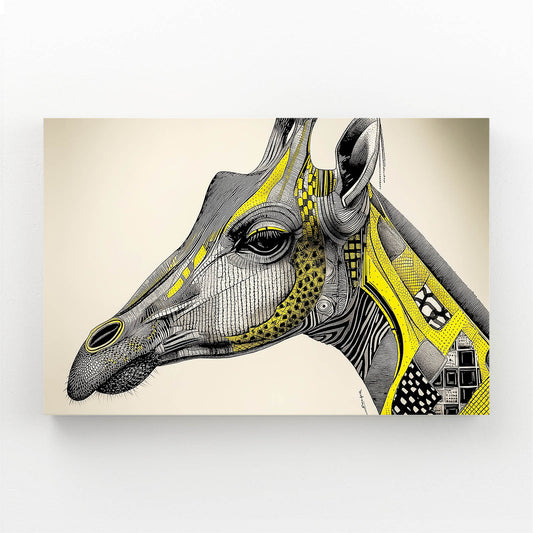 Giraffe head illustration with geometric patterns on a beige background