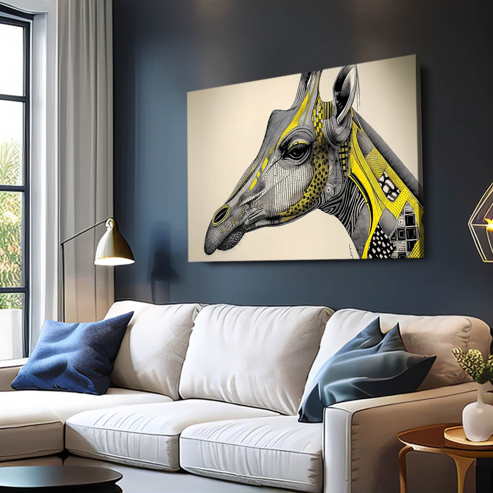 Modern living room with a white sofa, blue pillows, and a decorative wall painting of a giraffe.