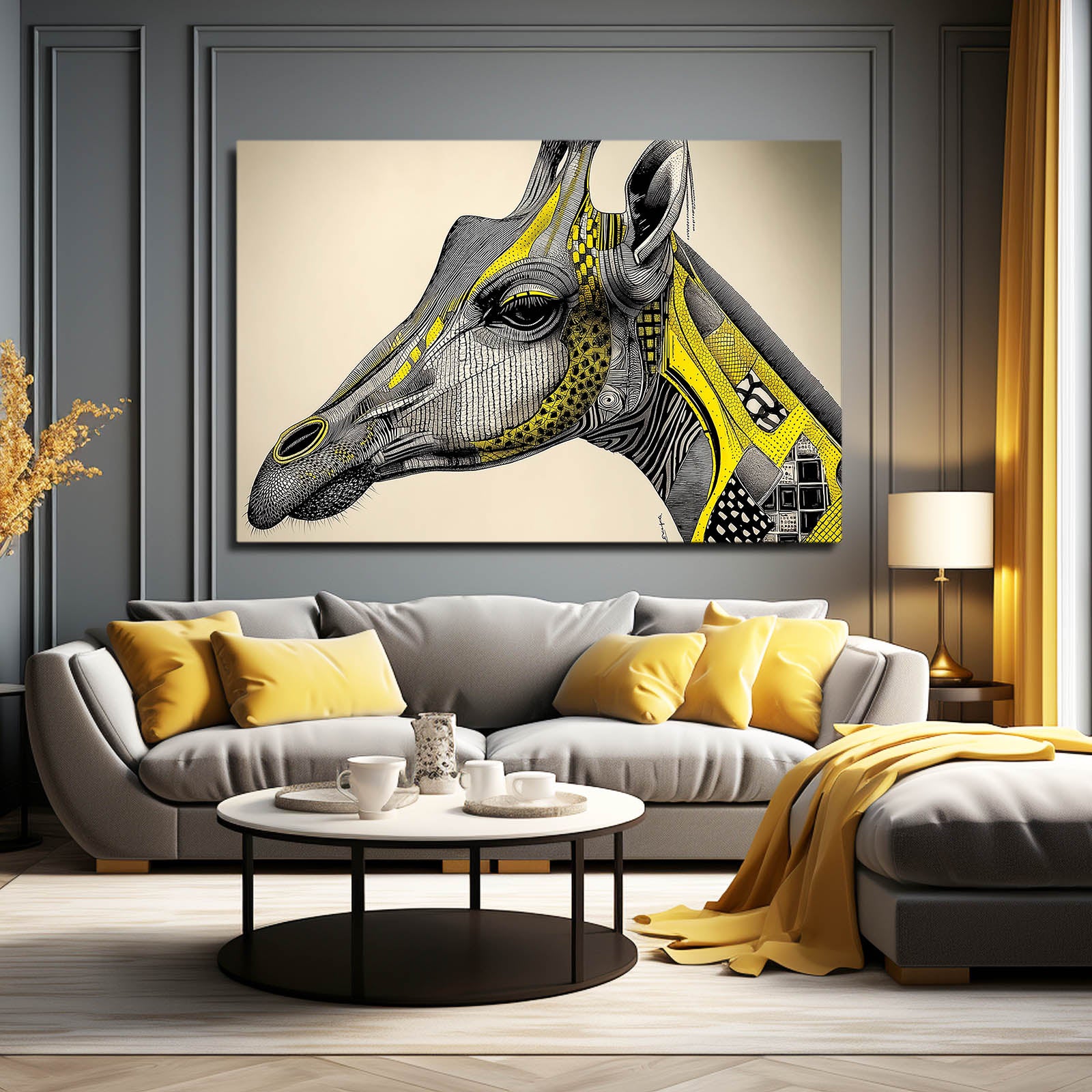 Modern living room with a gray sofa, yellow cushions, and a decorative giraffe painting on the wall.