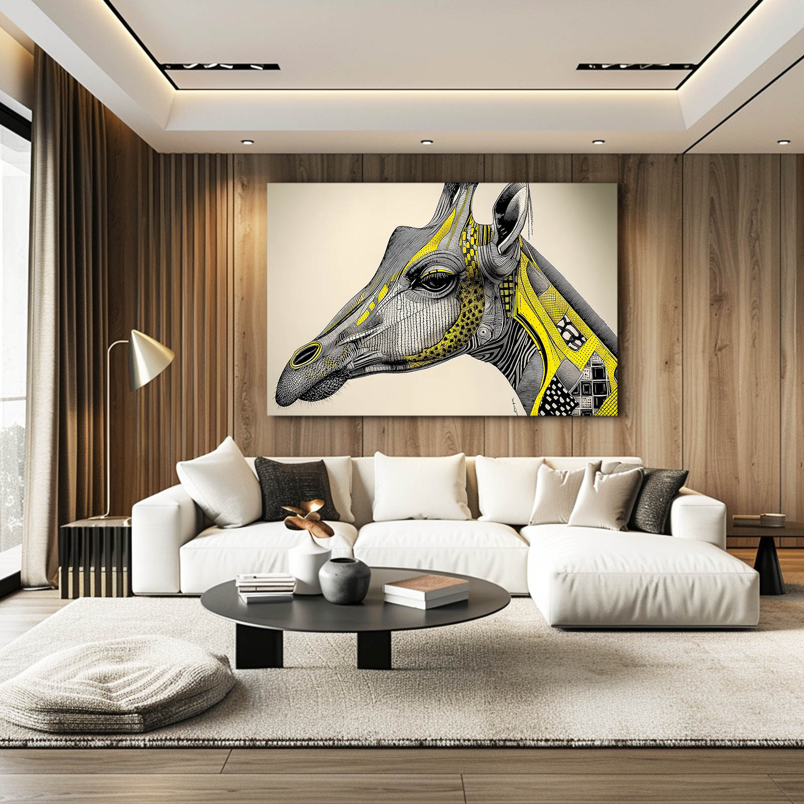 Modern living room with a white sofa, coffee table, and decorative wall art of a giraffe.