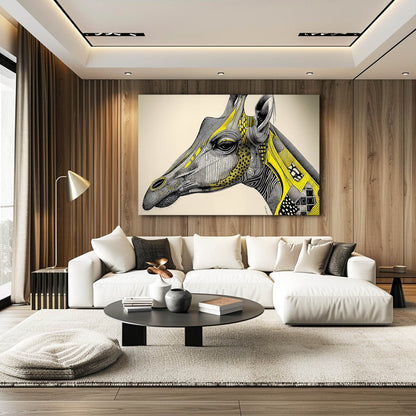 Modern living room with a white sofa, coffee table, and decorative wall art of a giraffe.