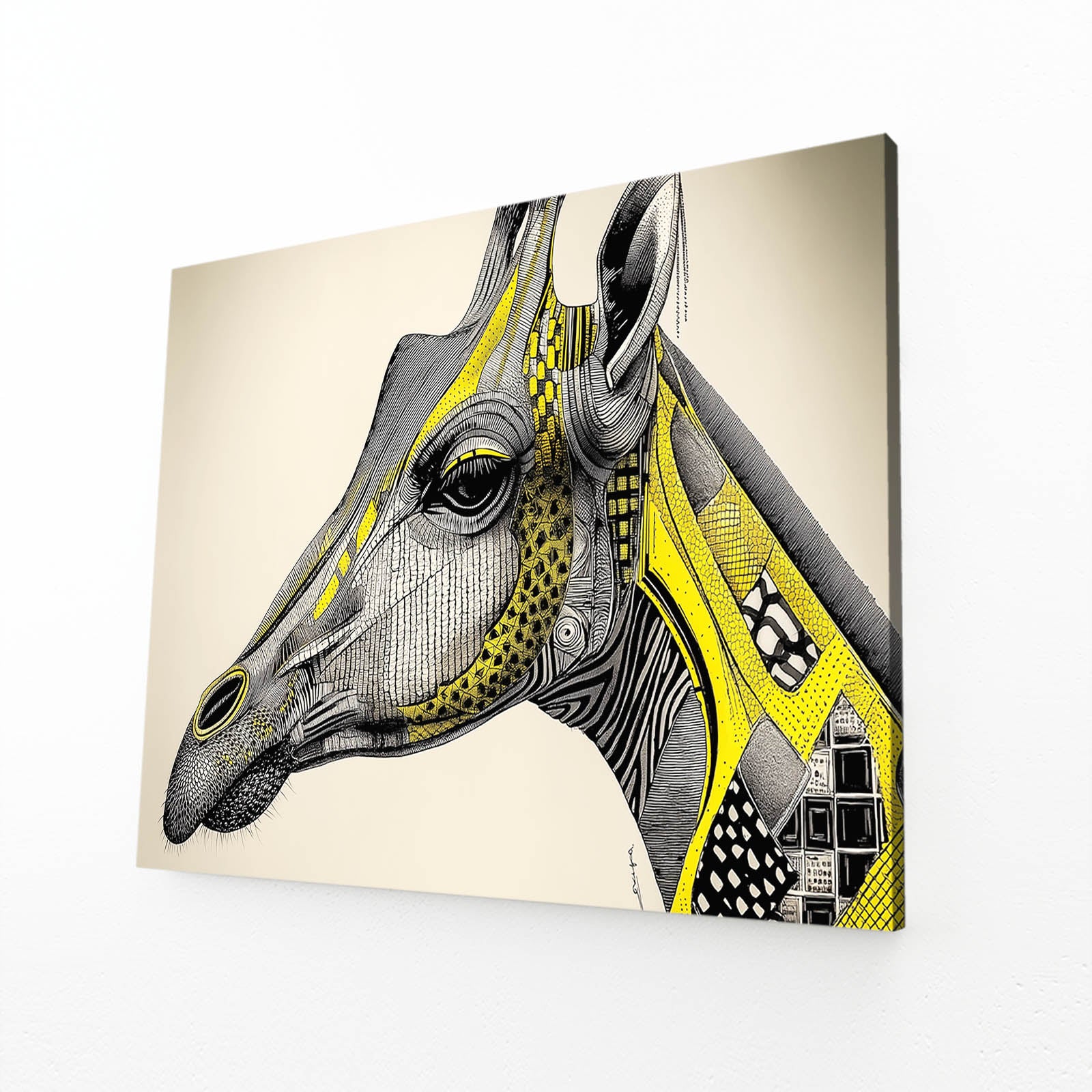 Giraffe head artwork with geometric patterns on a beige background