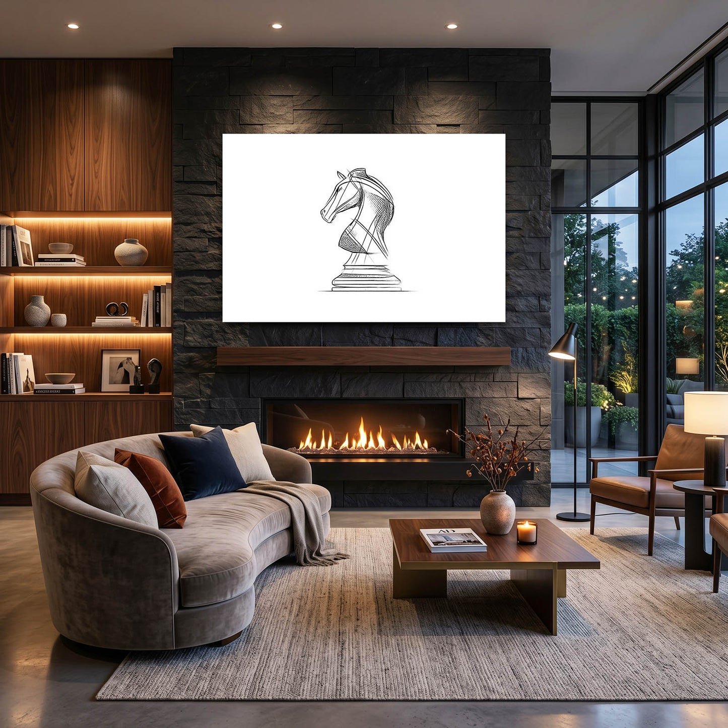 Single Line Knight Chess Prints – styled in a furnished interior