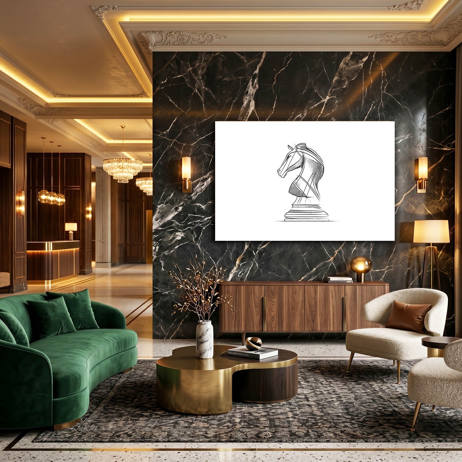 Single Line Knight Chess Prints – styled in a furnished interior