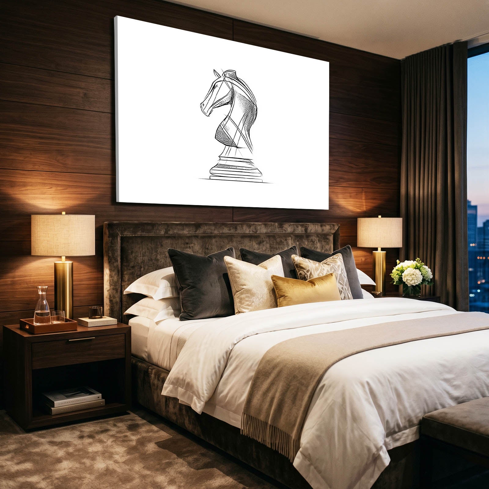 Single Line Knight Chess Prints – styled in a furnished interior