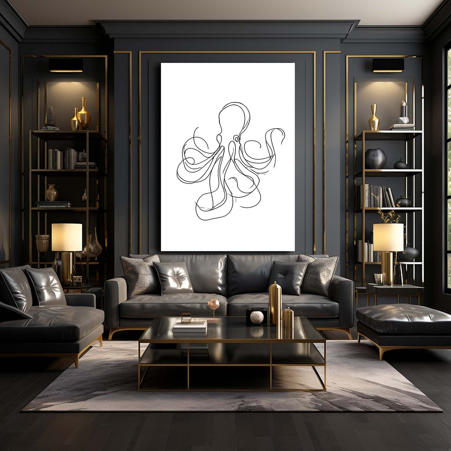 Single Line Sketch Octopus Art – styled in a furnished interior