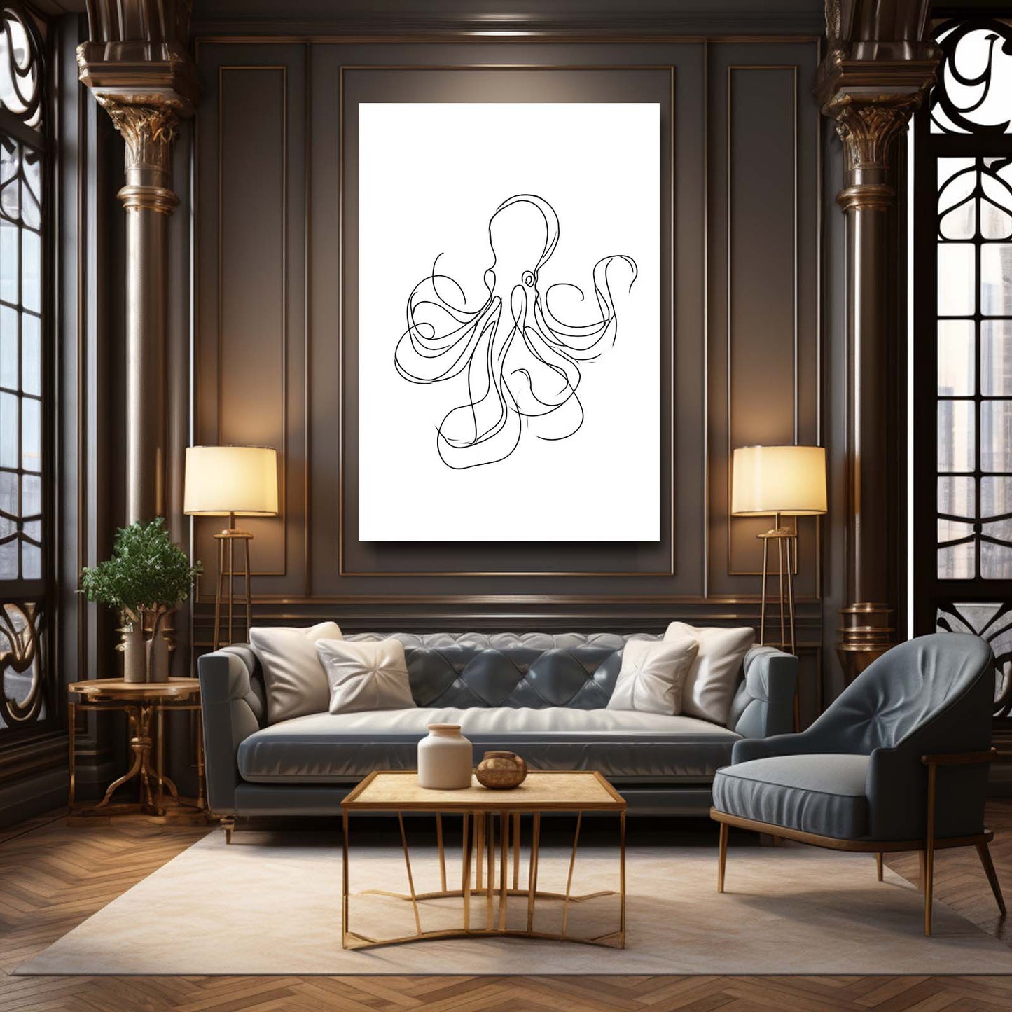Single Line Sketch Octopus Art – styled in a furnished interior