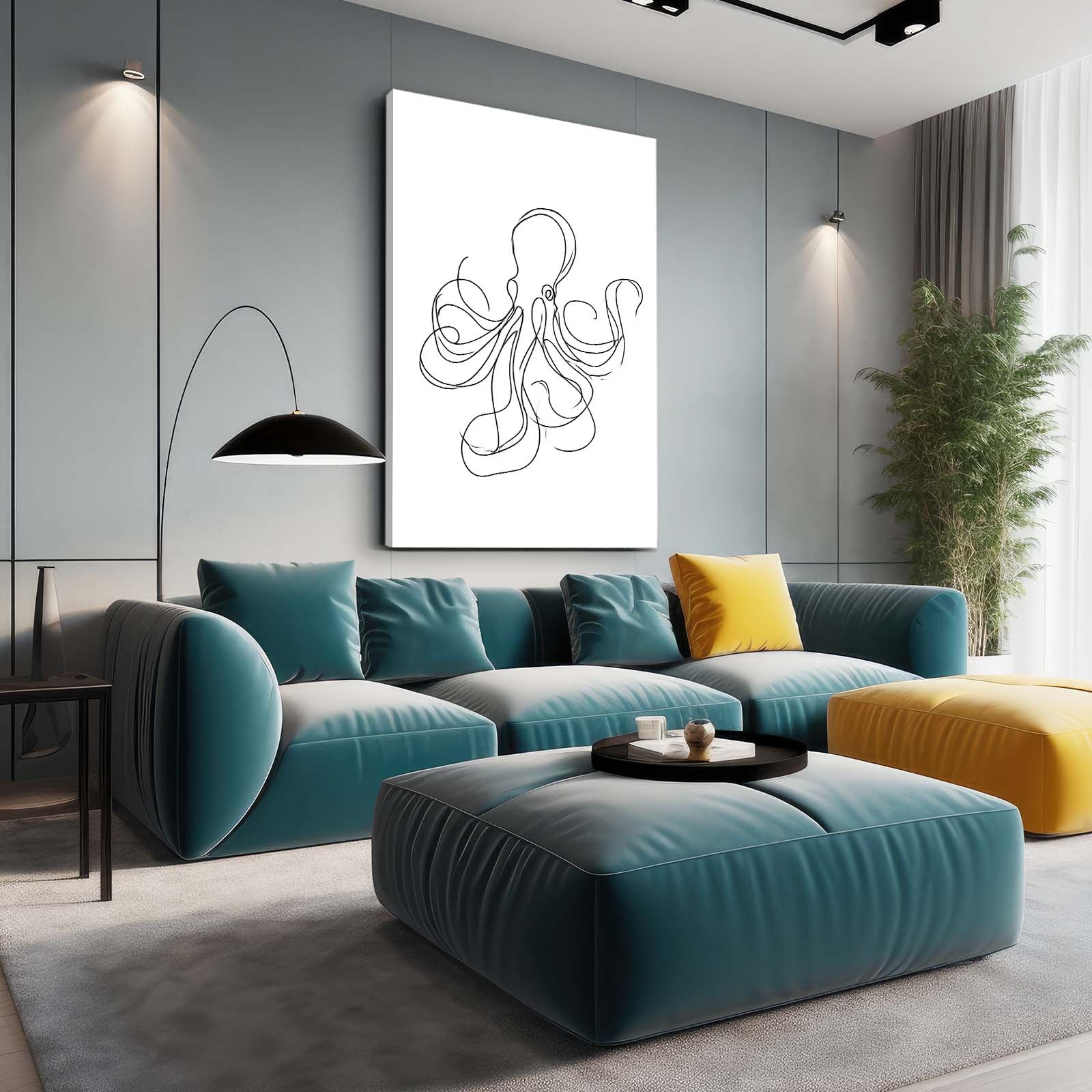 Single Line Sketch Octopus Art – styled in a furnished interior