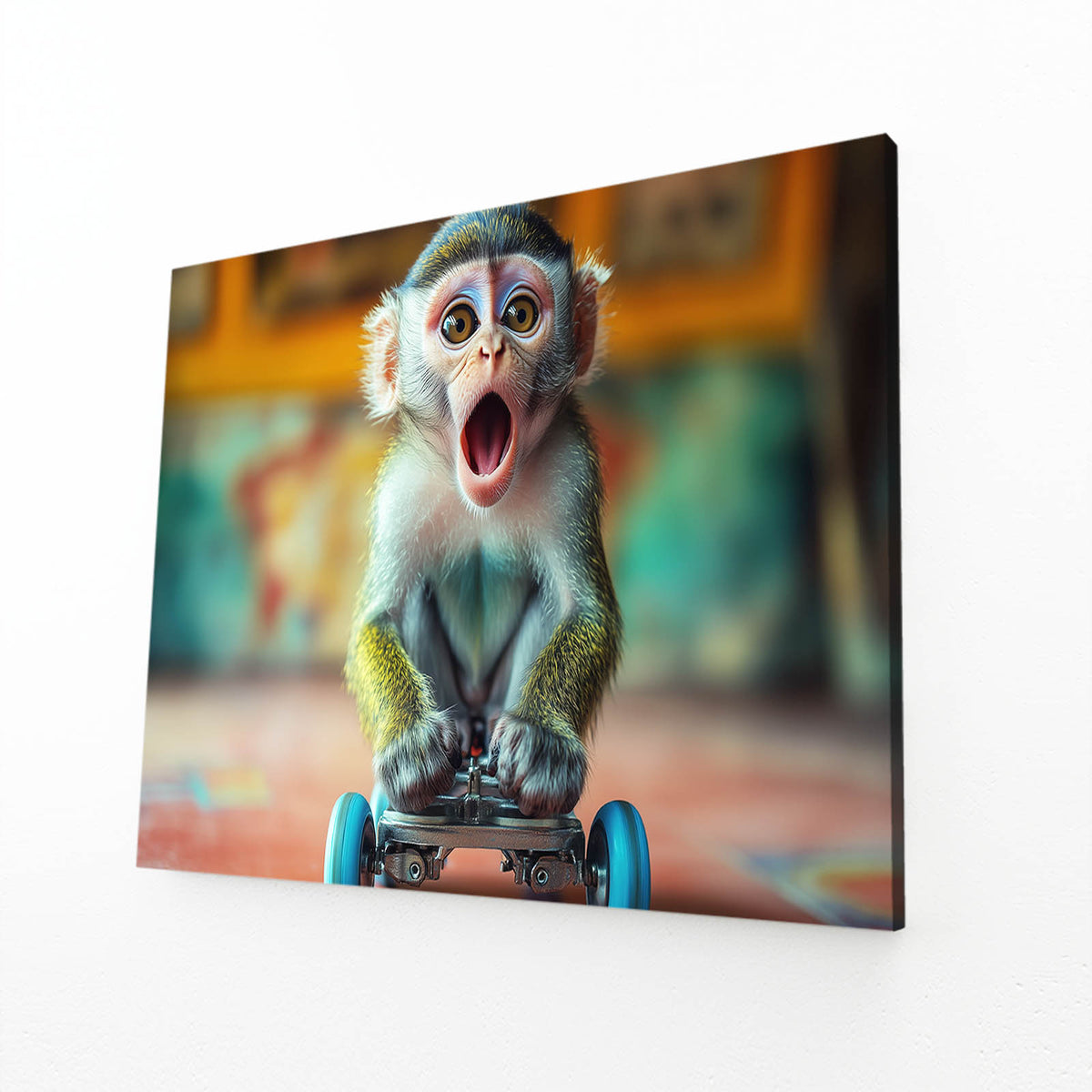 Skateboard Surprise Monkey Wall Decor — contemporary canvas print, angled canvas view on white background