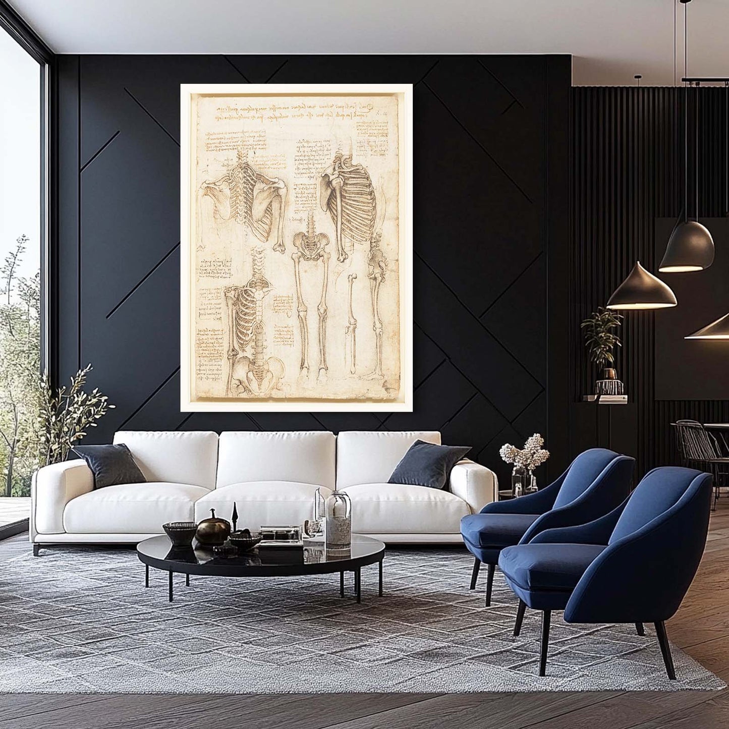 Skeleton Anatomy Studies Da Vinci Prints – styled in a furnished interior