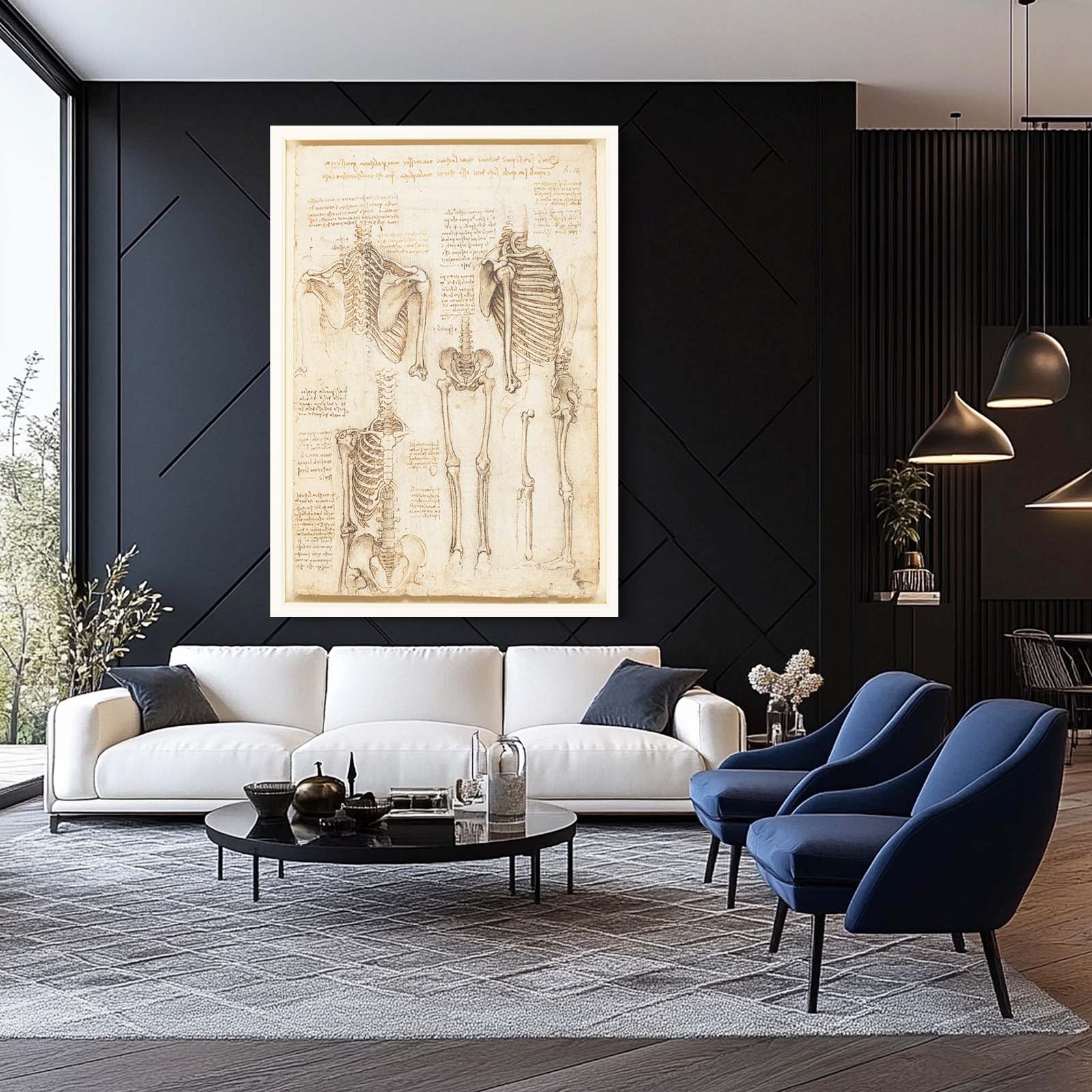 Skeleton Anatomy Studies Da Vinci Prints – styled in a furnished interior