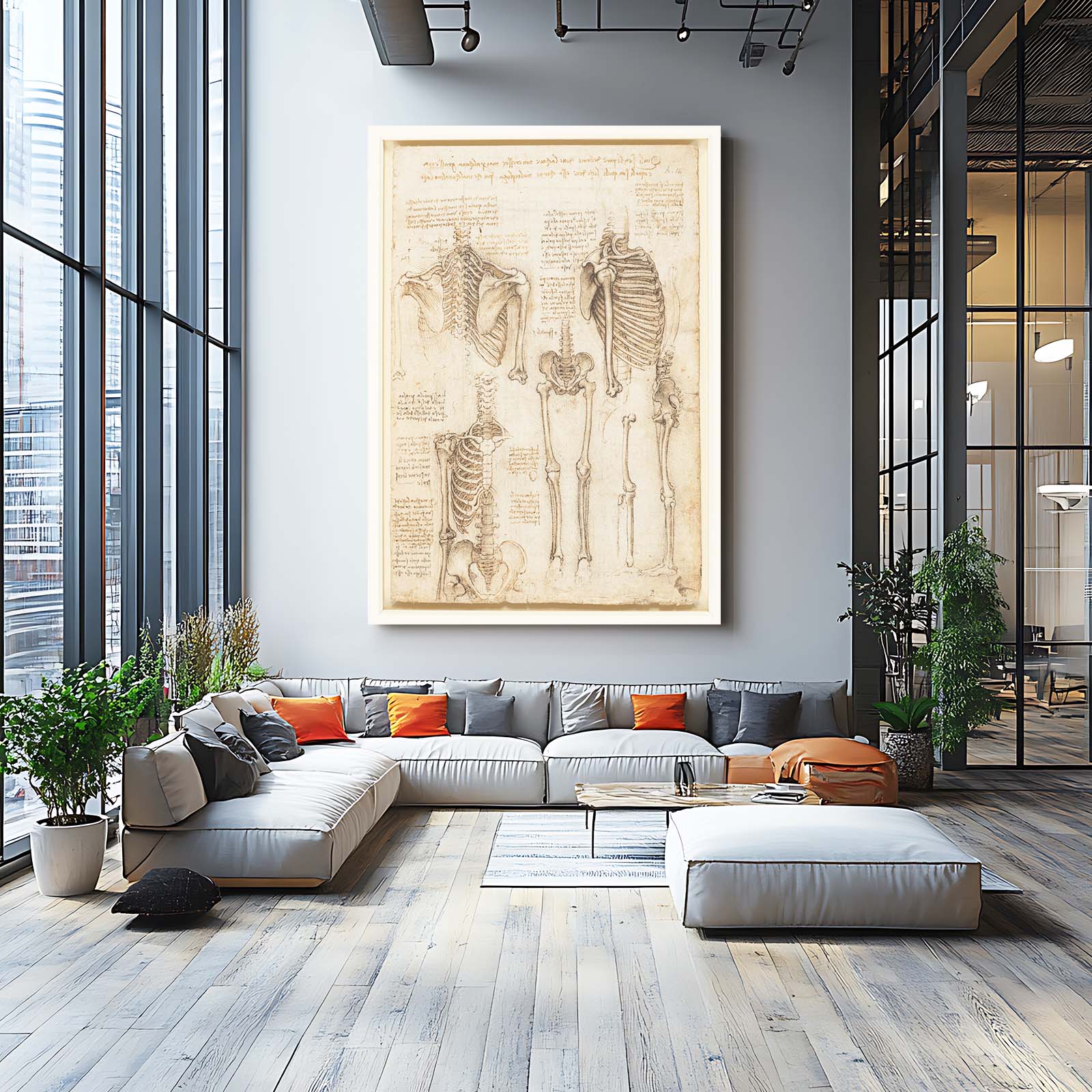 Skeleton Anatomy Studies Da Vinci Prints – styled in a furnished interior