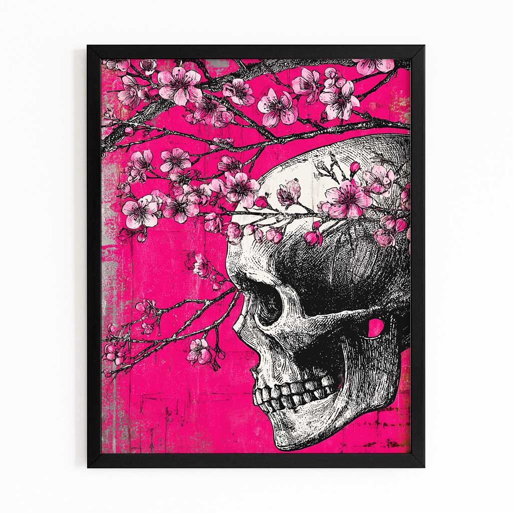 Skull And Petals Cherry Blossom Canvas – with Premium Black frame on white background
