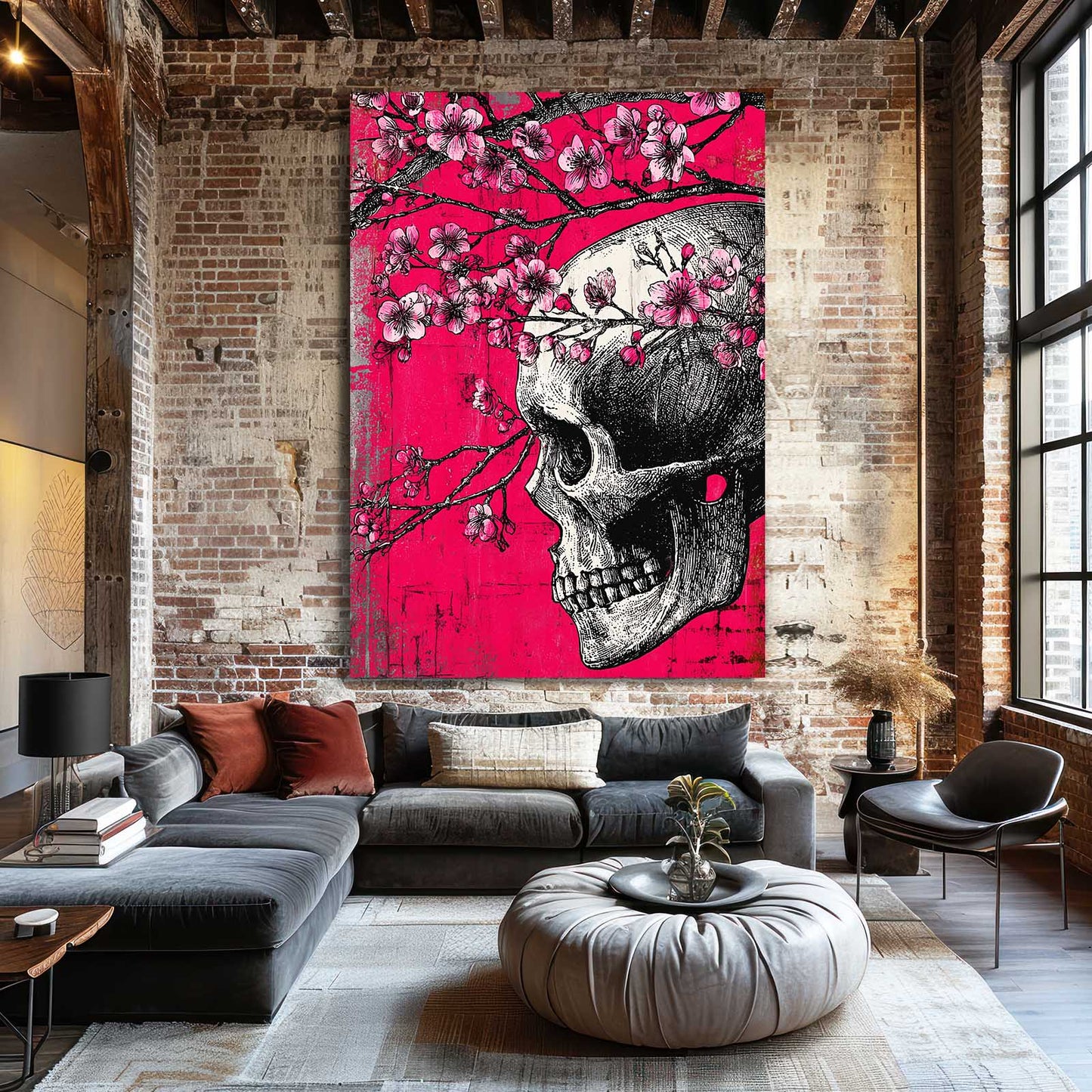Skull And Petals Cherry Blossom Canvas – styled in a furnished interior