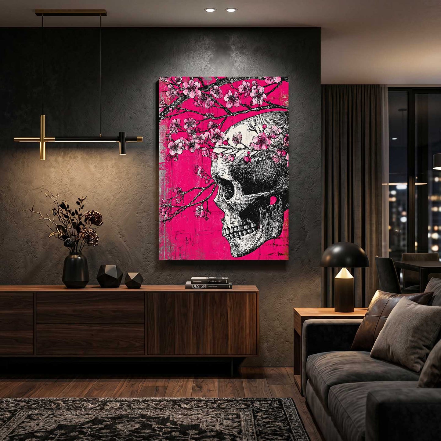 Skull And Petals Cherry Blossom Canvas – styled in a furnished interior