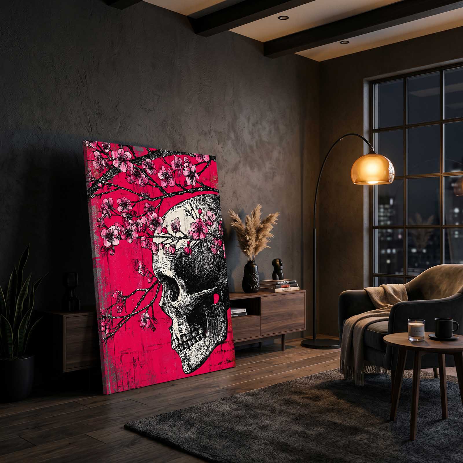 Skull And Petals Cherry Blossom Canvas – styled in a furnished interior