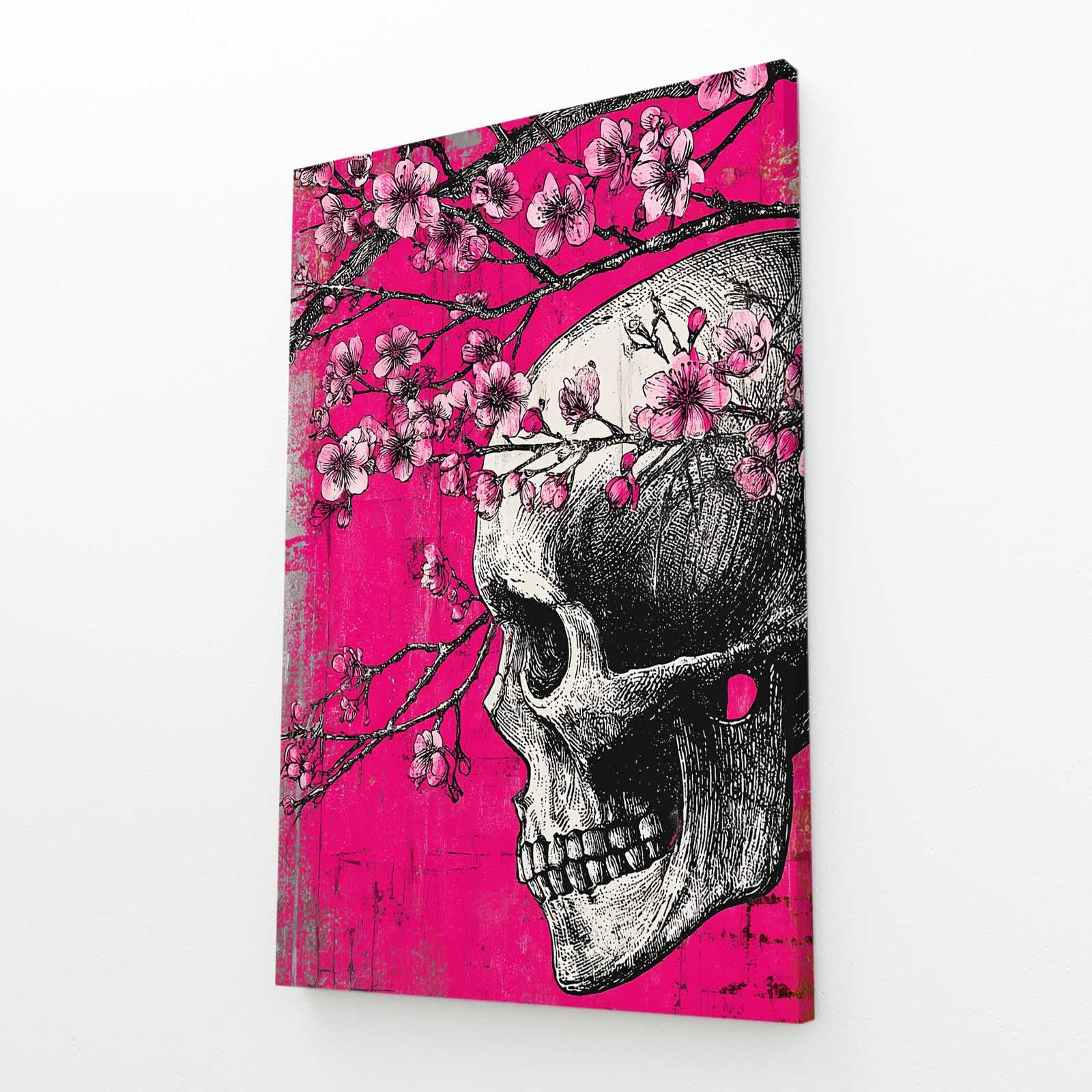 Skull And Petals Cherry Blossom Canvas – angled canvas view on white background