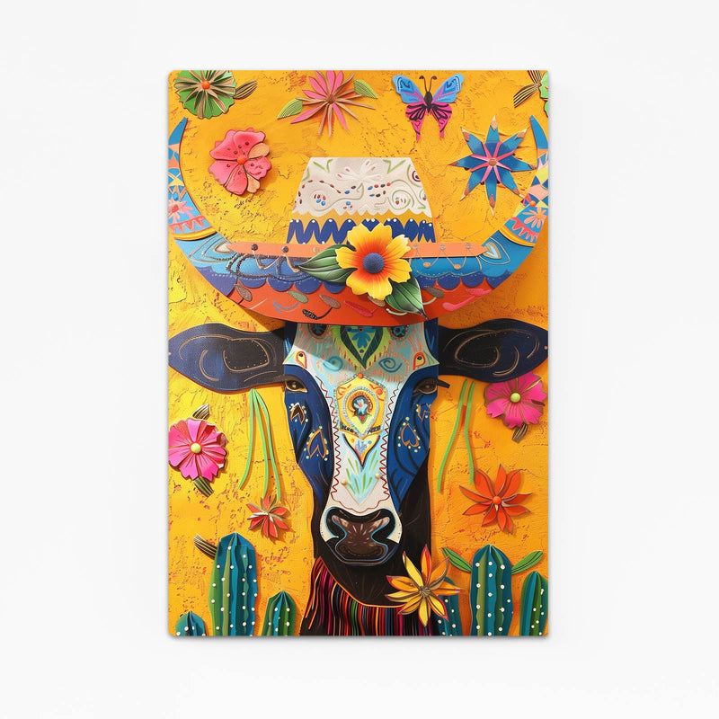 Skull Mexican Cow Artwork – angled canvas view on white background