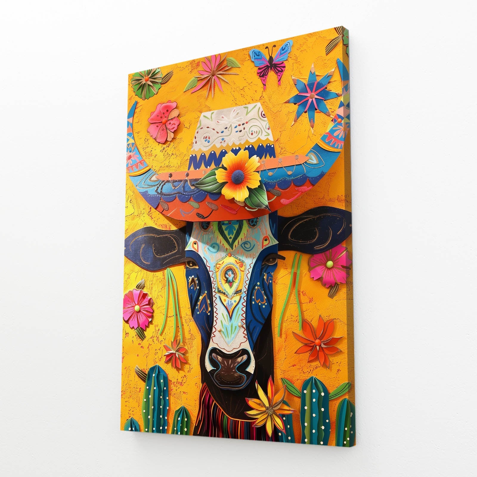 Skull Mexican Cow Artwork – angled canvas view on white background