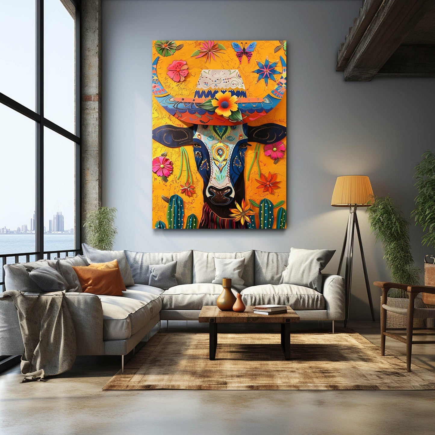 Skull Mexican Cow Artwork – angled canvas view on white background