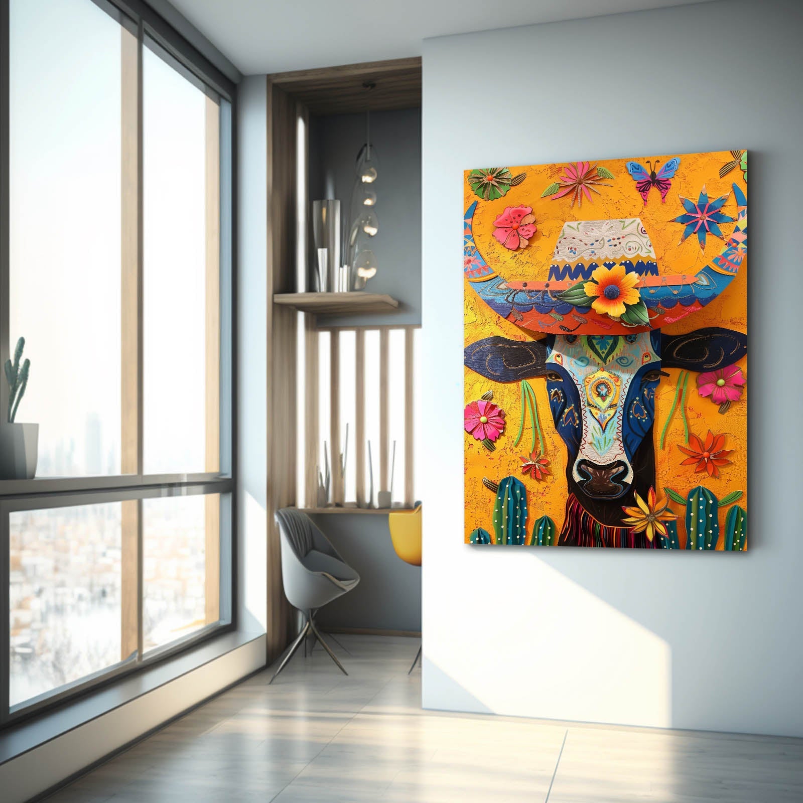 Skull Mexican Cow Artwork – angled canvas view on white background