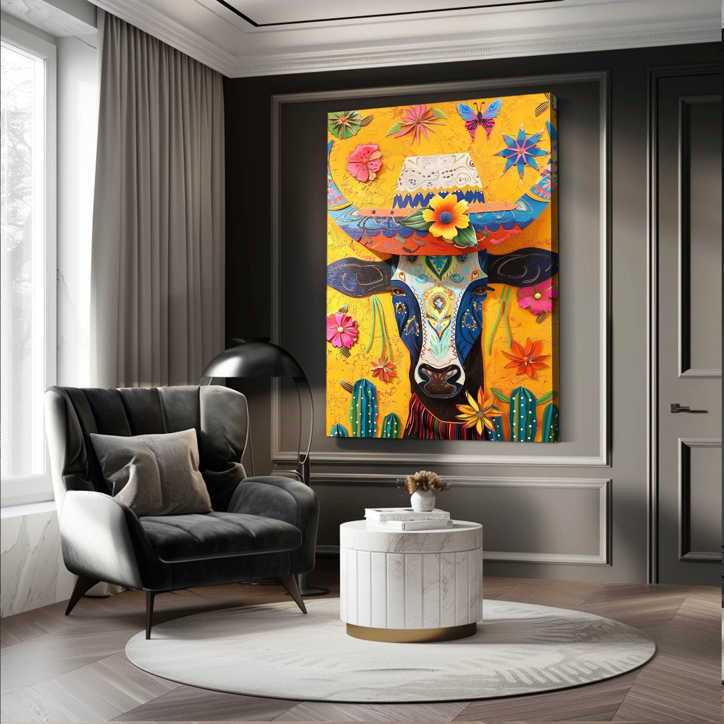 Skull Mexican Cow Artwork – angled canvas view on white background