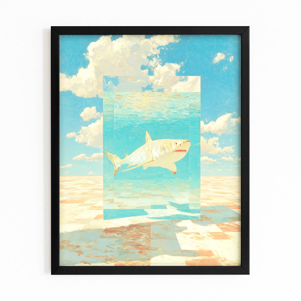 Sky Collage Panels Shark Wall Art – with Premium Black frame on white background